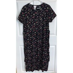 Liz Baker Maxi Dress Women’s 16 Dark Floral Pleated Tie Back MOP Buttons Cottage